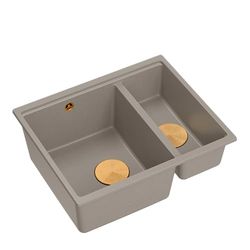 QUADRON Lavello a doppia vasca Lavello da cucina | dimensioni 55,5 x 46 x 22 cm, Soft Taupe + Rame Pvd (Lavello Da Incasso) | Lavello LOGAN 150 in granito | base da 60 cm