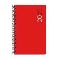 Miquelrius - Kalender 2025, jaarplanner, 117 x 182 mm, dagoverzicht, flexibele envelop van polypropyleen, spiraalbinding, papier 80 g/m², Spaans, Engels en Portugees, rood