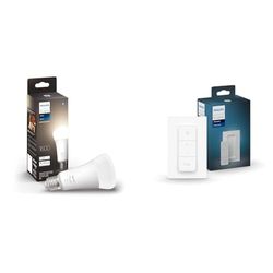 Philips Hue White Lampadina Smart LED Smart, Bluetooh, Attacco E27, 15W, Dimmerabile, Luce Bianca Calda, Bianco & Telecomando Dimmer Switch, Controllo illuminazione Smart, Bianco, Versione 2021