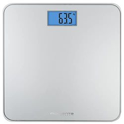 Rowenta Classic BS1500 Balance de salle de bain avec écran LCD, compacte, capacité de 160 kg, plateau en verre et arrêt automatique avec piles, couleur argent