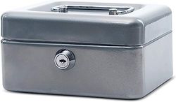 MAUL caja fuerte de acero 15.2 x 11.5 x 8 cm | Caja caudales con cerradura | Bandeja extraíble para monedas | Caja con 2 llaves | Caja registradora robusta con asa | Plata