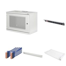 DIGITUS Set: Kit 19 Pouces - Armoire réseau 7 UH Porte perforée - Tablette - Prises Multiples - Panneau de Brassage Cat6A & modules Keystone - Câble réseau Cat6