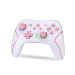 NK Mando Switch Inalámbrico - Switch/OLED/Lite/Pro con Función Wake, Ajustes Macro, Bluetooth, 6 ejes,Función Turbo, Dual Shock Doble Vibración, LED Indicadores - Color Blanco y Rosa