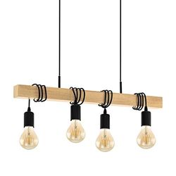 EGLO Candeeiro de suspensão de madeira TOWNSHEND vintage, candeeiro pendurado para sala de jantar, candeeiro suspenso com 4 lâmpadas, candeeiro retro rústico, industrial E27, candeeiro suspenso preto