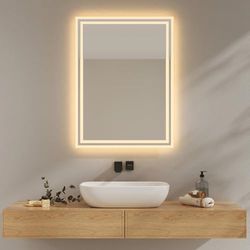 EMKE Miroir Salle de Bain avec Éclairage,80x60cm, Miroir LED Salle de Bain,Lumière Blanc Chaud 3000K Miroir Mural avec Éclairage,Horizontal/Vertical, IP44 Économique en Énergie