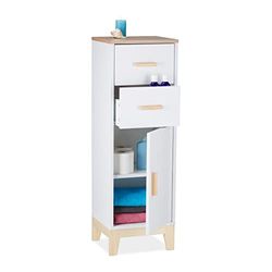 Relaxdays Mobiletto da Bagno, 2 Cassetti, con Anta, HLP: 97,5x32x28 cm, Armadietto Stretto da Terra, da Ingresso, Bianco, Legno