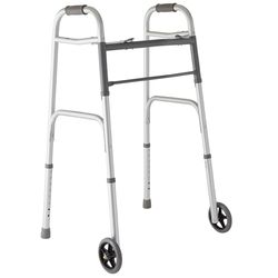 Medline Two-Button Folding Walker with Wheels, Metallic, 1 Count