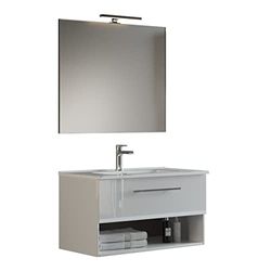 Mama Store GEA2 100 - Mobile Bagno Sospeso 100 CM Cassetto e Vano a Giorno Bianco Lucido Laccato con Lavabo, Specchio e Lampada LED, L.101 X P.46 X H.45 cm