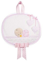 FILET - Noeud De Naissance Bébé Ovale avec Insert en Toile Aida à Broder, Orné de la Broderie d’une Fille qui Dort, Réalisé en Coton, 100% Made in Italy, Couleur Blanc et Rose