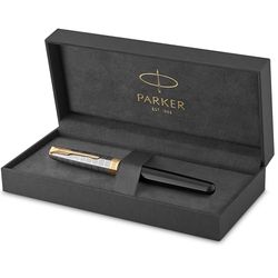PARKER Sonnet Fountain Pen | Premium Metal and Black Gloss Finish with Gold Trim | Fine 18k Gold Nib with Black Ink Cartridge | Gift Box
