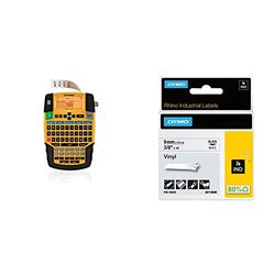 DYMO Rhino 4200 Etichettatrice professionale, Tastiera Qwerty, 19mm, Giallo/Nero & Rhino etichette industriali in vinile autoadesive, rotolo da 9 mm x 5,5 m, stampa nera su bianco, 18443