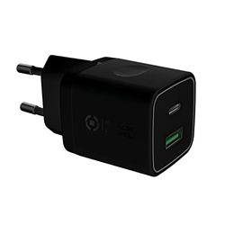 Celly, Caricabatterie da Rete Linea Black Label, Caricabatterie con Porta USB-C + Porta USB, 20W Output, Tecnologia Power Delivery, Ricarica Fino a 2 Device Contemporaneamente, Dimensioni Compatte