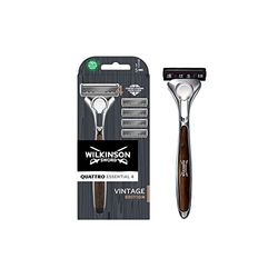 Wilkinson Sword Quattro Vintage Edition - Máquina de barbear de 4 folhas de titânio folha de precisão extra com 4 peças de lâminas com faixa lubrificante protetora, castanho