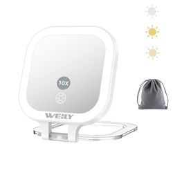 WEILY Miroir de Poche Lumineux, Miroir de Voyage Double Face Grossissant 1X/10x, avec 3 Lumières de Couleur et Rechargeable par USB, Miroir à Main Portable pour Le Maquillage (Blanc)