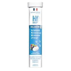 HYDROP ELECTROLYTE COLLAGENE GRANIONS - Collagene, Vitamines, Minéraux, Acide Hyaluronique, Electrolyte SANS SUCRE, Electrolytes Hydratation, 18 Pastilles effervescentes framboise cassis, Made in FR