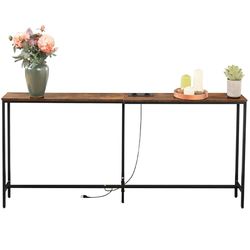 FurnitureR Consoletafel met 2 laadstations, industriële ingangstafel met 2 USB-poorten, 180 cm smalle salontafel, banktafel voor ingang, hal, foyer, woonkamer, vintage bruin