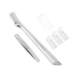 TWEEZERMAN Eyebrow Razor with Mini Slant Tweezer Set (Mini Slant Tweezer & Brow Razor Set), Silver