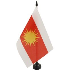 AZ FLAG - Drapeau De Table Yesidi Nouveau 21x14 cm - Petit Drapeau du Yézidisme De Bureau 100% Polyester avec Hampe De 25cm Et Socle en Plastique Noir