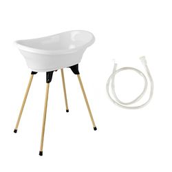 THERMOBABY - Kit Baignoire Bébé - Vasco - Baignoire, Pied En Bois & Tuyau De Vidange - Innovation Brevetée - Pliable & Stable - Peut Accueillir Un Transat De Bain - Fabriqué En France - Blanc Muguet