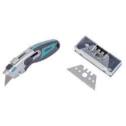 Wolfcraft 4106000 1 « Profi » cutter pour lames trapèzes + incluses 3 lames trapèzes & 4186000 Lames droites professionnel en boîte 0,65 mm argent