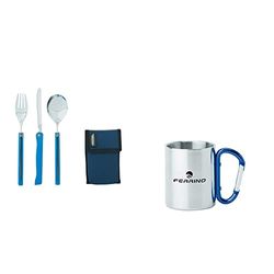Ferrino Travel, Set Cucchiaio, Forchetta e Coltello Blu &, Tazza con Moschettone Grigio