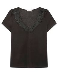 SPRINGFILED, Mujer, Camiseta Escote Pico Lace, Black, L