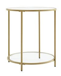 VASAGLE Table d'Appoint Ronde, Petite Table Basse, Bout de Canapé, en Verre Trempé avec Cadre en Acier, Table de Chevet, avec Étagère de Rangement, Style Moderne, pour Salon, Chambre, Doré LGT034A61