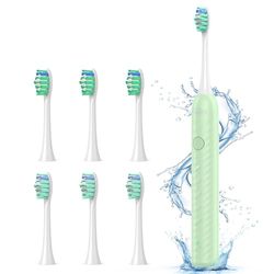 Brosse à Dent Électrique Soniques pour Homme Femme - Brosse A Dent Adultes Enfant avec 6 Têtes, 5 Modes, 4 Heures Charge et Utilisation 180 Jours, Brosse A Dent Voyager Famille, Vert Clair