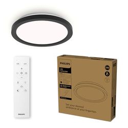 Philips Plafonnier LED avec télécommande, Rond, 30 cm, Lumière blanche réglable et dimmable, Idéal pour le salon ou la chambre, Sans scintillement ni éblouissement, Design moderne, Noir