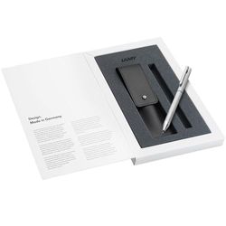 Lamy Juego de 1 bolígrafo y portaminas con logotipo Twin Pen 606 de acero inoxidable cepillado y 1 estuche de piel auténtica en negro para dos instrumentos de escritura