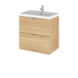Hudson Reed CBI341A Fusion Modern Bathroom 2 Drawer Wall Hung Vanity Unit and Full Depth Ceramic Basin, 500mm, Natural Oak
