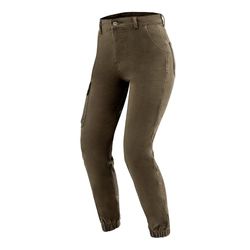 OZONE MOTO Jane Lady Motorjeans voor dames, aramidevezel voering, kniebeschermers, niveau 2, zakken voor heupen en stuitbeenbeschermers, cargozak, jogger fit, olijfgroen, 34W / 30L