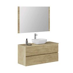 Baikal Mueble de Baño Onyx, 2 cajones, suspendido en Pared, con Lavabo cerámico. Mueble Montado, Melamina 16,Mueble F46 + Top + Lavabo + Espejo 120 cm Nature