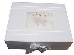 Witte Katoenen Kaarten"Trouwdag" Gedessineerd Liefde Harten Bruiloft Grote Keepsake Box (NWH2X)