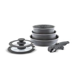 Karaca Comfort - Juego de sartenes de granito antiadherentes con tapa de cristal, 6 piezas, utensilios de cocina resistentes a los arañazos, 1 mango extraíble, olla de inducción y sartén, juego de 6