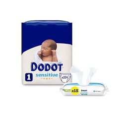 Dodot Pañales Bebé Sensitive Talla 1 (2-5 kg), 224 Pañales + Toallitas Aqua Pure, 18 Paquetes (18x48), Máxima Protección de la Piel de Dodot