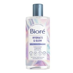 Bioré Hydrate und Glow – AHA tonik do twarzy – zawartość: 235 ml – typ skóry: sucha, wrażliwa, odwodniona – z wodą kokosową, prebiotykami i kwasem mlekowym