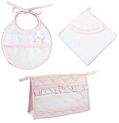 Filet - Badkamerset, 3 stuks om te borduren, badjas, driehoek, envelop met ritssluiting, slabbetje, origineel cadeau-idee voor baby's, Made in Italy, kleur roze