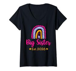 Womens Soon To Be Big Sister 2026 Baby Reveal Rainbow Graphic V-Neck T-Shirt