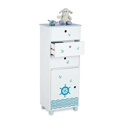 Relaxdays Commode pour Enfants, Design Maritime, 3 tiroirs et 1 Placard, étagère Chambre, HLP 105x42x30 cm, Blanc-Bleu