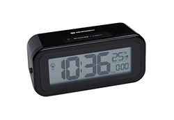 Bresser DCF MyTime Amber Despertador radiocontrolado com retroiluminação âmbar de ajuste permanente com sensor de luz (funciona a pilhas), alarme e indicação de temperatura, preto