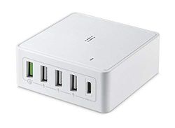 aiino Cargador de Escritorio para MacBook, MacBook Air, iPad PRO 2018 y 4 Puertos para iPhone Tipo-C PD y QC 3.0 y 3 USB, Cargador 5 Puertos, 60W, EU Plug, Blanco