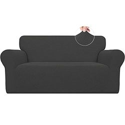 Easy-Going Housse de canapé Extensible 1 pièce pour canapé Doux avec élastique en Mousse antidérapante pour Enfants, Tissu Jacquard élasthanne, Petits Carreaux (Causeuse, Gris foncé)