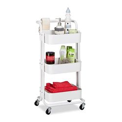 Relaxdays Carrito Auxiliar, 3 Pisos, 2 Frenos, Carro Multiusos Cocina, Baño, Oficina, Metal, 84x42x37 cm, Blanco, Acero