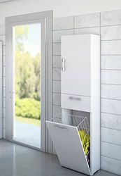 Dmora Armadio da lavanderia a 1 anta, 100% Made in Italy, Mobile con 1 cestello porta biancheria e 1 cassetto, Colonna moderna da bagno, cm 45x32h195, colore Bianco