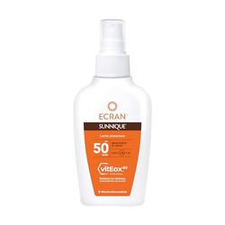 Ecran Sunnique - Spray Protector FPS 50 Formato Viaje, Protección UVB + UVA e IR-A, Refuerza las Defensas, Hidratación 24 h, Fórmula con VitEox 80, Resistente al Agua, para Toda la Familia - 100 ml