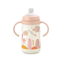 Suavinex, Fles met handvat, leerbeker voor baby's met zachte tuit van siliconen, met anti-kolieksysteem, kinderfles met handgrepen, lekvrij, vaatwasmachinebestendig, 6 maanden, 270 ml, roze