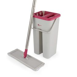 Kleeneze KL062253EU Set di secchielli e mop in microfibra a testa piatta e salvaspazio, raschiatore incorporato per la rimozione dello sporco, compatto per una facile conservazione, rosa/grigio