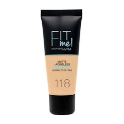 Maybelline Fit me! MATTE&PORELESS make-up nr. 118 Light beige, vloeibare make-up, past zich aan de huidtint aan, hydraterend, matterend, lichte tot gemiddelde dekking, 30 ml