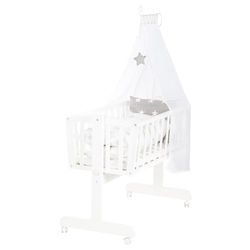 roba Babywieg Little Stars 40 x 90 cm van hout - Wieg & Wiegje - Complete bedset met vergrendelfunctie & textielinrichting - Wit/Grijs